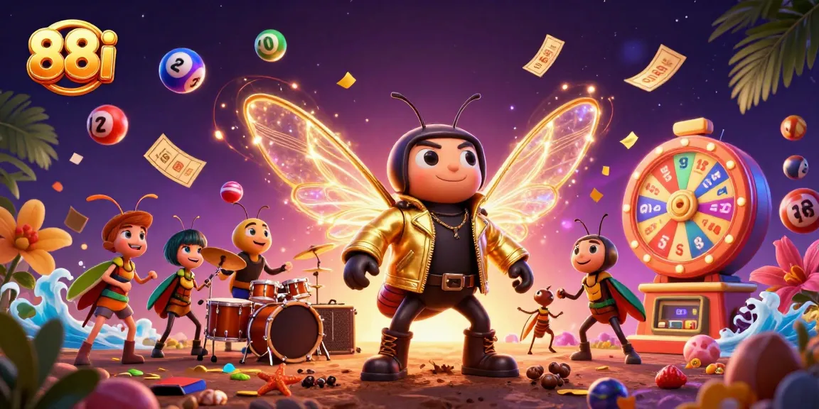 Join the excitement with 88i as the cicada rock star and band soar amid colorful gaming elements.