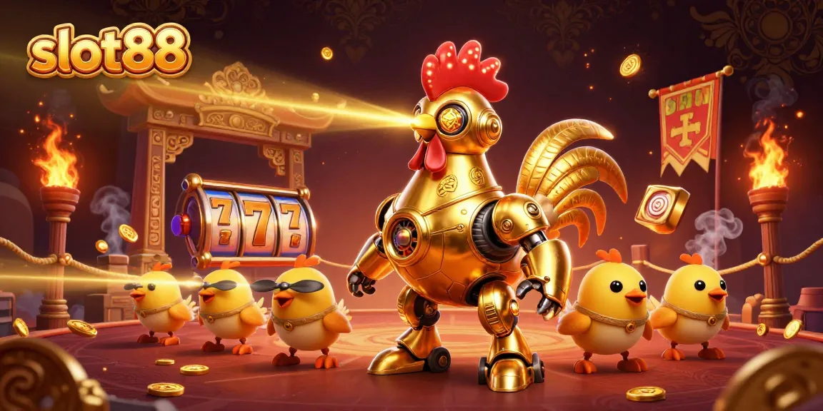 Bermain slot88 dengan robot ayam emas futuristik dikelilingi berbagai elemen permainan yang menarik.