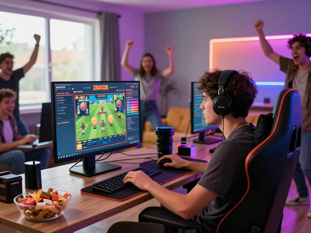 Excited player engaging with Zeus138 online slots in a vibrant gaming setup.