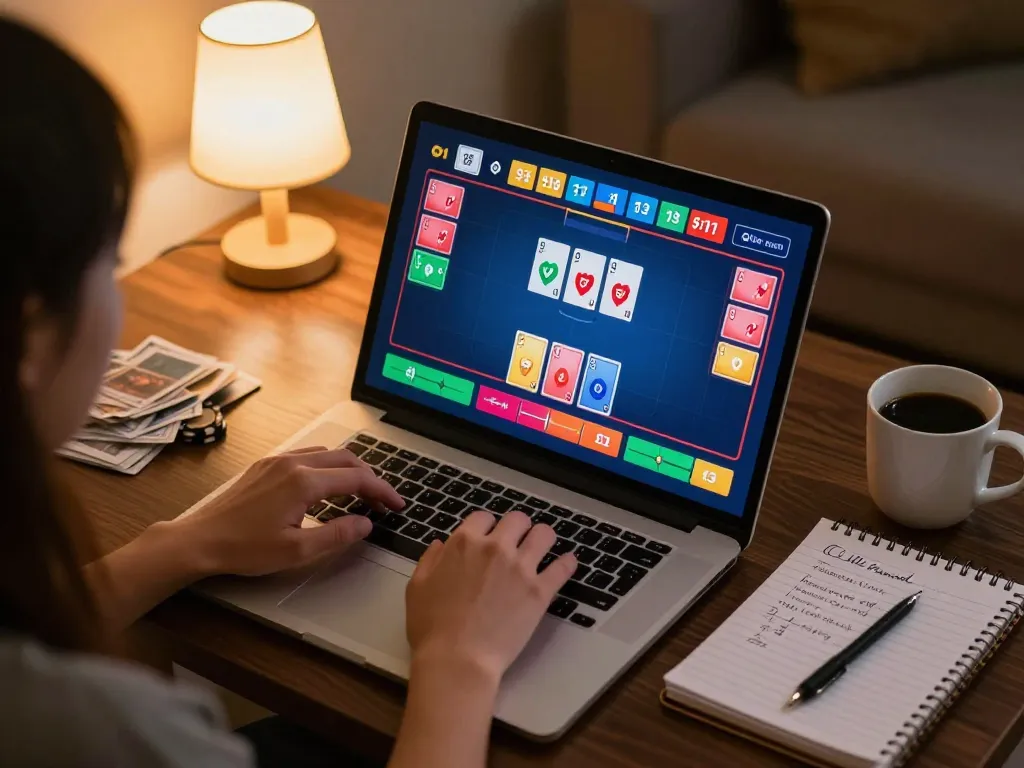 Engaging online poker game on king33 with colorful interface, cozy home atmosphere.