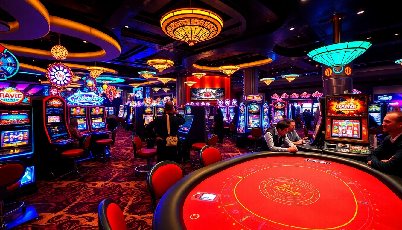 Permainan kasino HALO189 yang seru dengan mesin slot dan meja poker elegan di latar belakang mewah.
