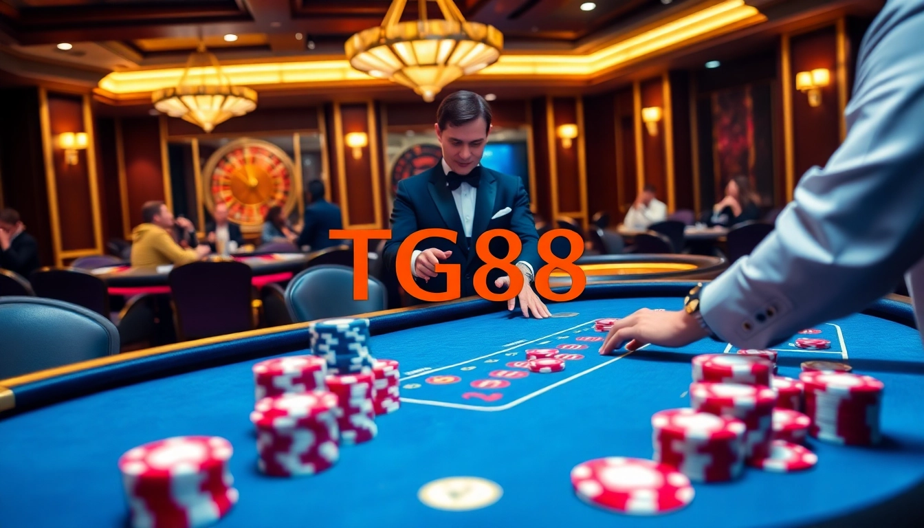 Experience the thrill of gambling at a TG88-themed casino table, with vibrant chips and a bustling atmosphere.