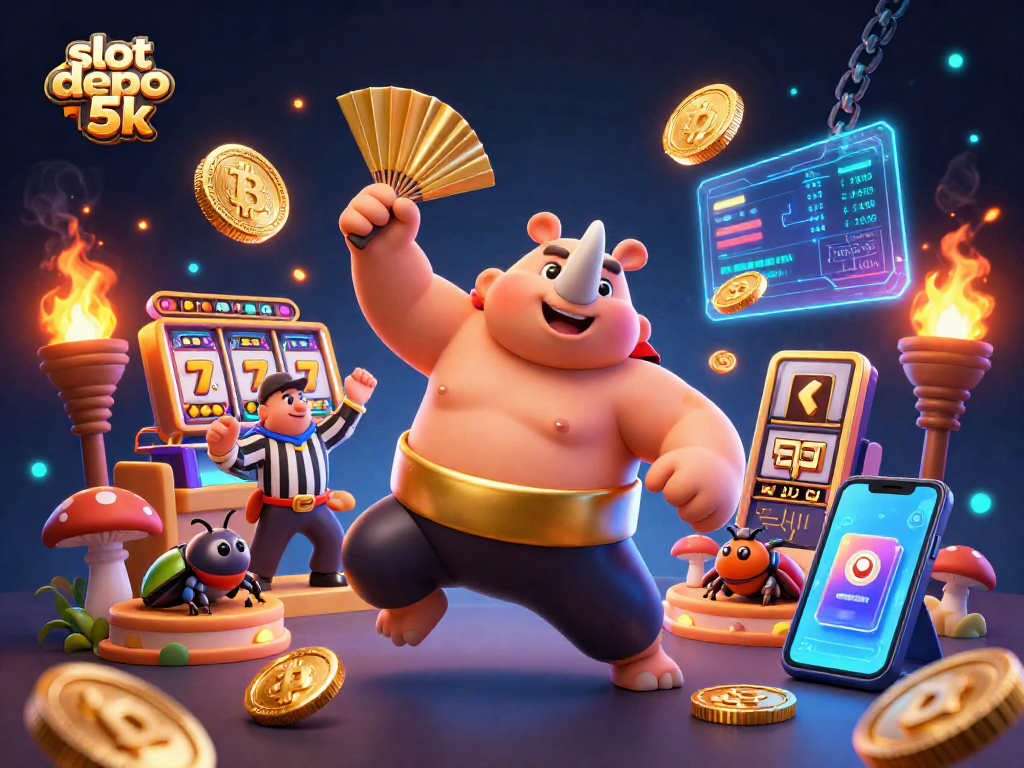 Experience the excitement of slot depo 5k with a dynamic scene featuring a sumo champion and glowing coins