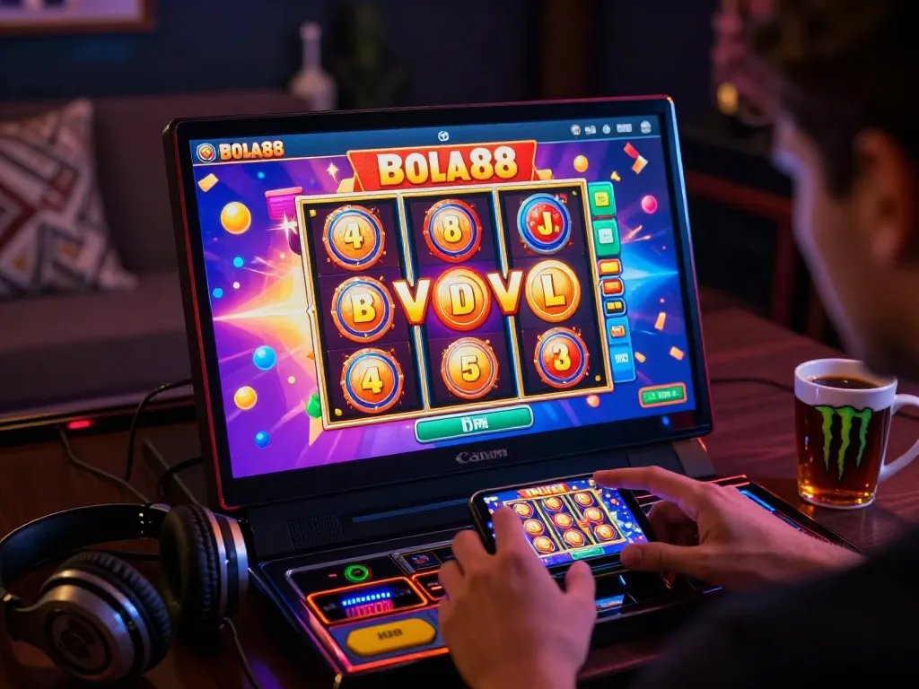 Bola88 Login interface showcasing vibrant slot games on mobile device, player engaging with exciting graphics.