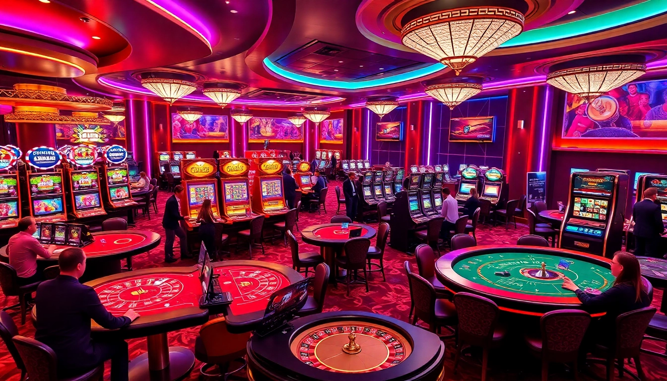 C168 players enjoying the excitement of a vibrant casino gaming scene with poker and slot games.
