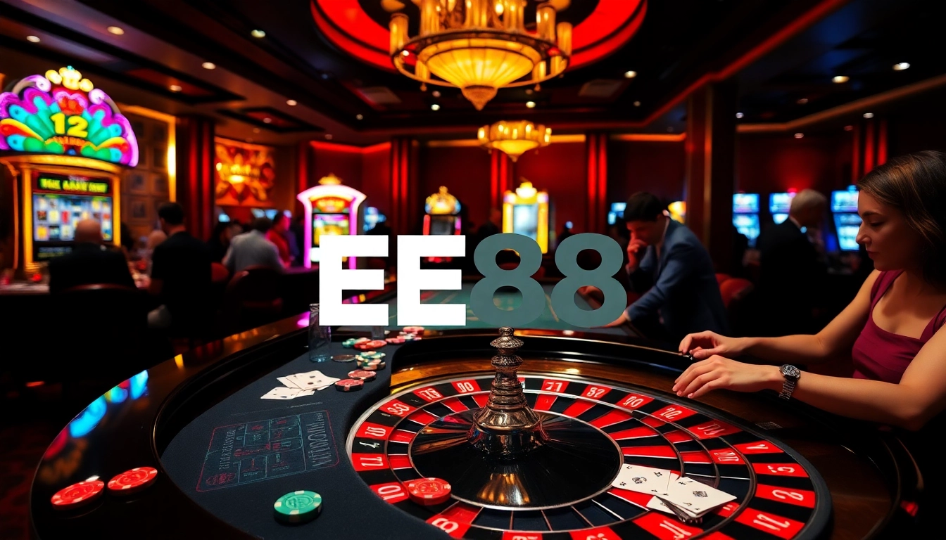 Players enjoying a thrilling roulette game at EE88 casino table amidst vibrant excitement.
