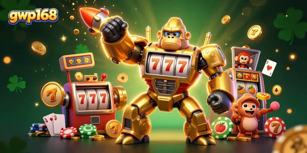 Aksi menarik di platform GWP168 dengan gorila emas mecha slot dan koin berhamburan di kasino