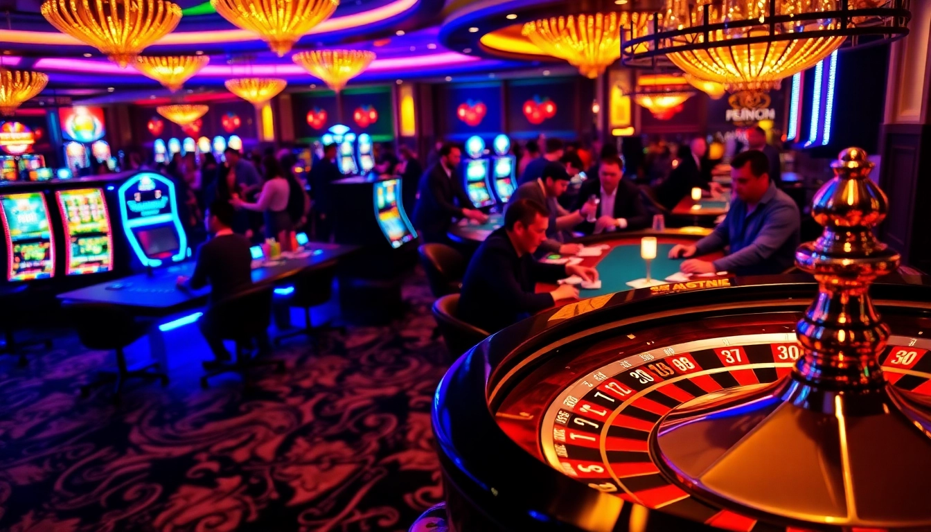 This image showcases a vibrant casino scene with players engaging in high-stakes gambling at https://s8s8.org/, featuring roulette, poker, and slot machines.