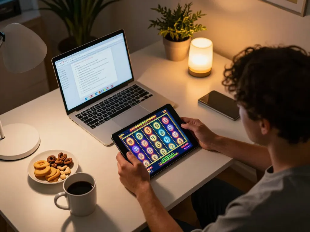 Sesi permainan online yang menarik dengan dasi4d link alternatif di tablet, menampilkan permainan slot yang berwarna-warni