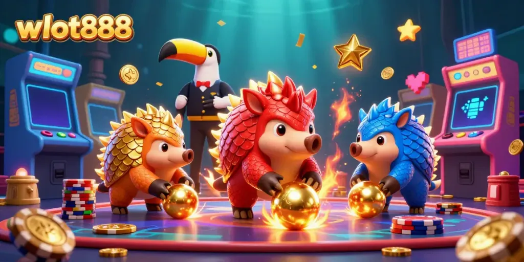 Permainan slot wslot888 seru dengan pangolin bersaing di tumpukan chip poker.