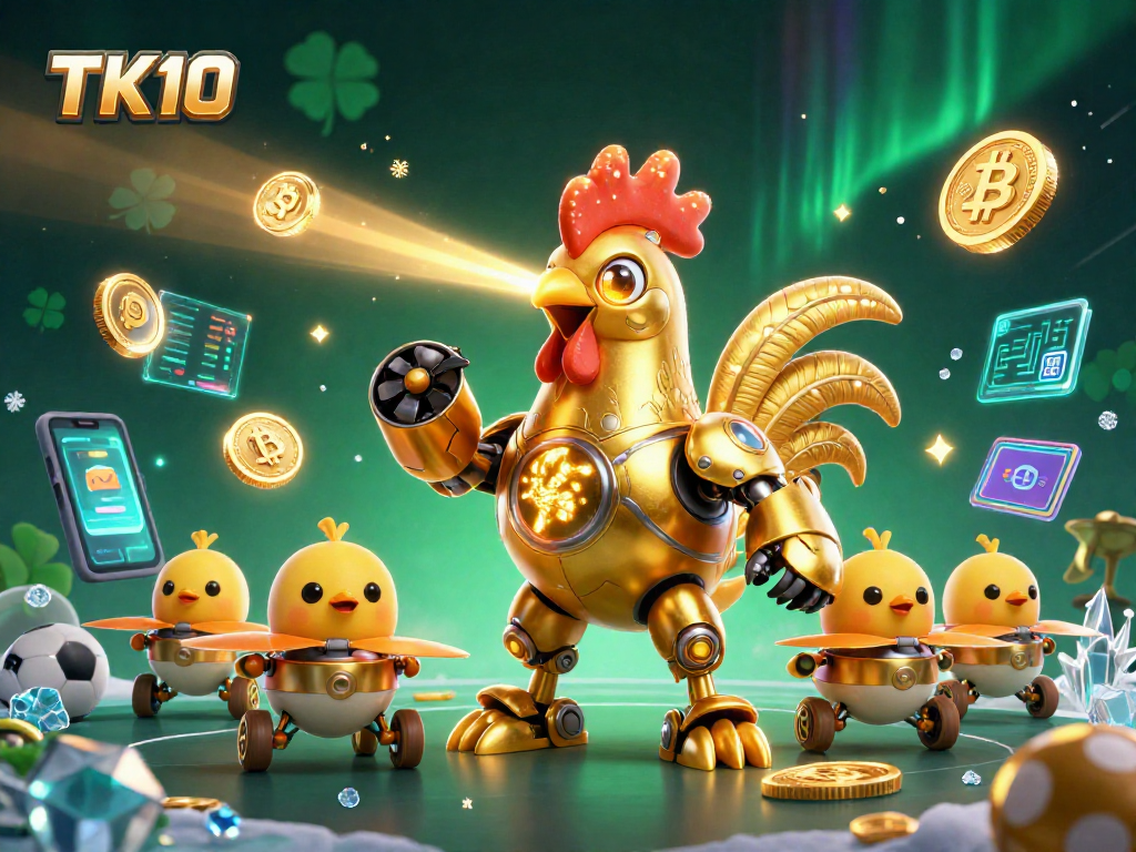 Bet on TK10 for exciting casino games featuring a golden rooster robot and cryptocurrency visual elements.