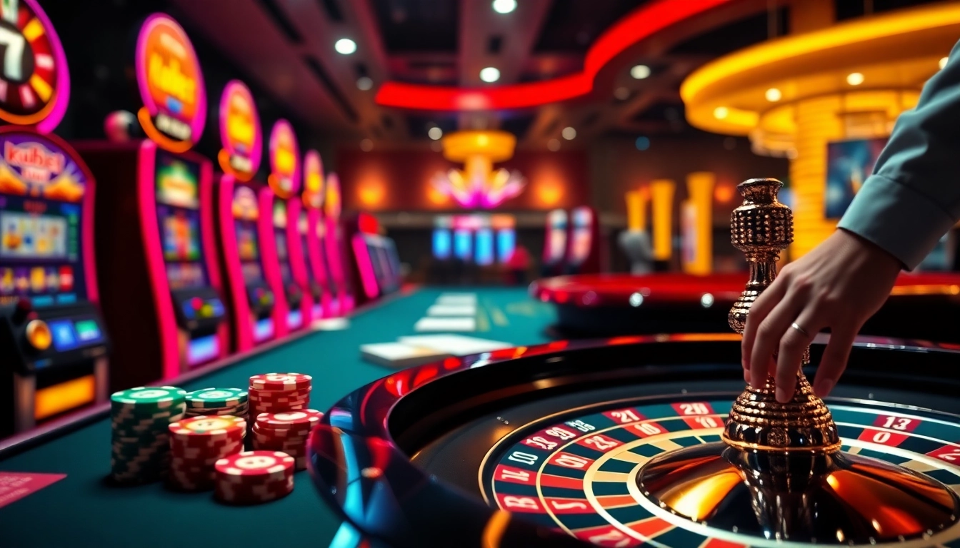 Kubet players excitedly engaging with high-stakes slot machines in a luxurious casino.