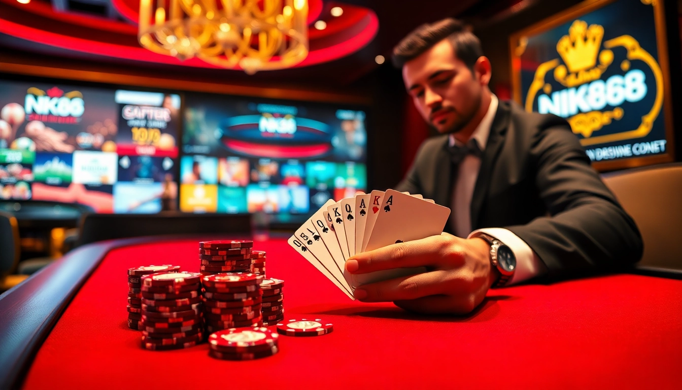 Player winning at the poker table with NK88 and luxurious casino atmosphere.