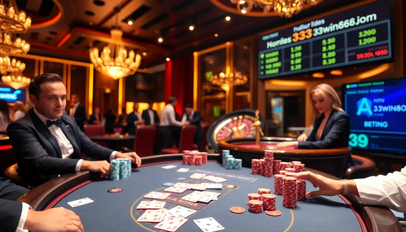Engaging poker game at https://33win68.io/ showcasing vivid chips and lively atmosphere.