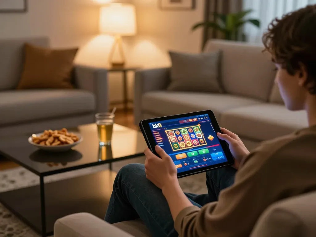 Player enjoying bk8 slot gaming on tablet in a cozy home setting with snacks and warm lighting.