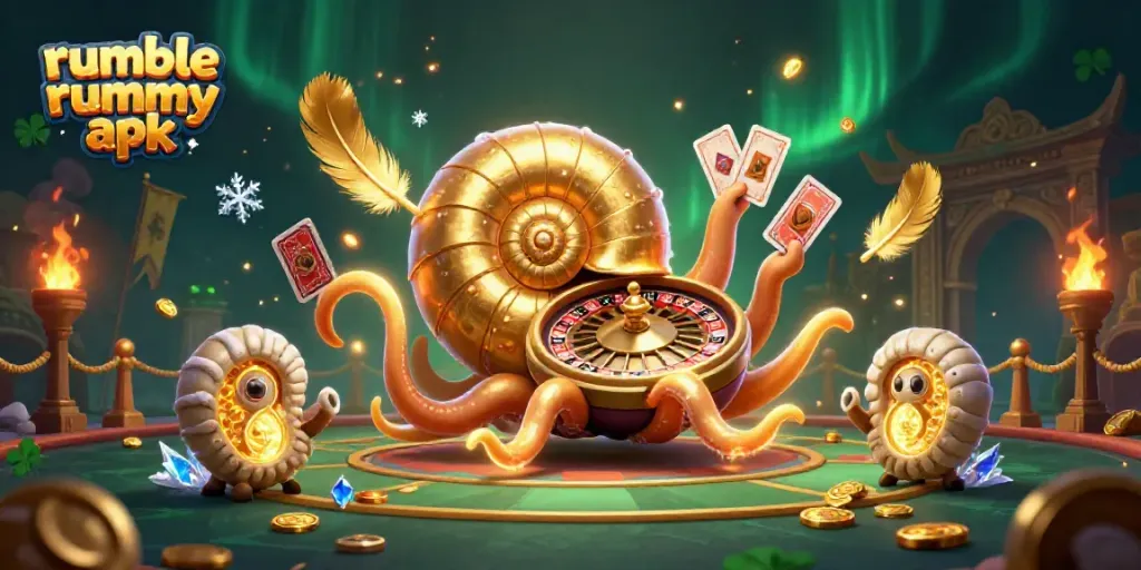 Engage with the immersive scene of the rumble rummy apk featuring an ancient nautilus roulette wheel and glowing ammonite companions.