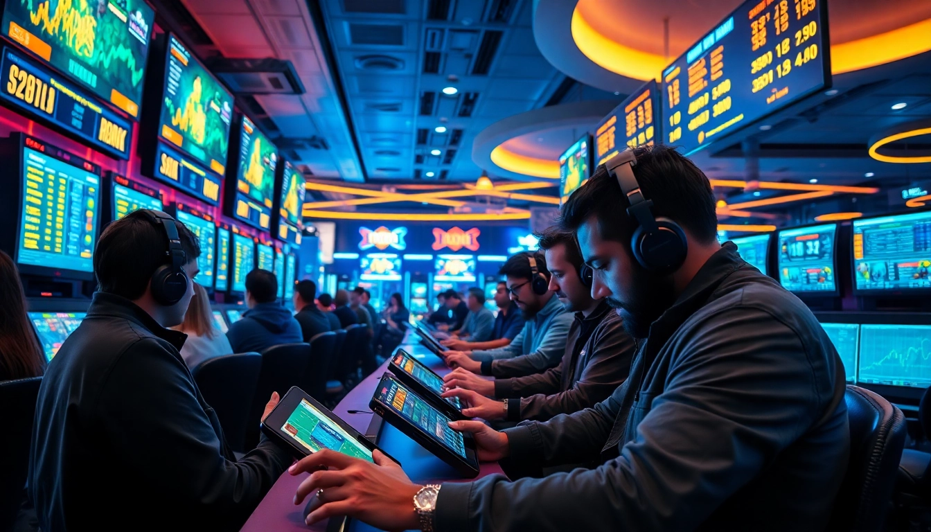 Engaging scene at Nova88 sportsbook with gamers betting on live events.