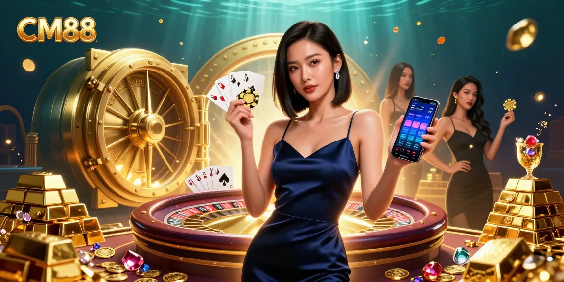 Win big at CM88 with a stunning Asian woman showcasing her smartphone casino app and golden chip.