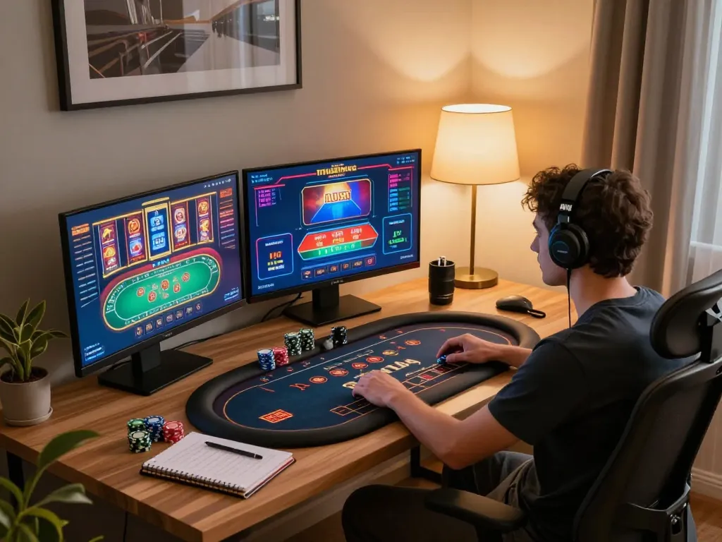 Player engaging with the 789club online casino interface on multiple screens, showcasing strategic gameplay.