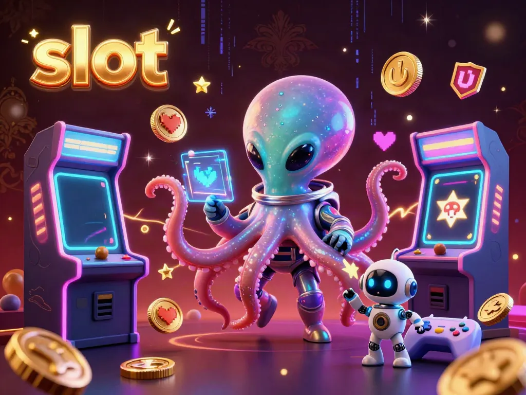 Alien octopus operates a stylish slot machine in a vibrant casino scene, showcasing fun 3D elements.