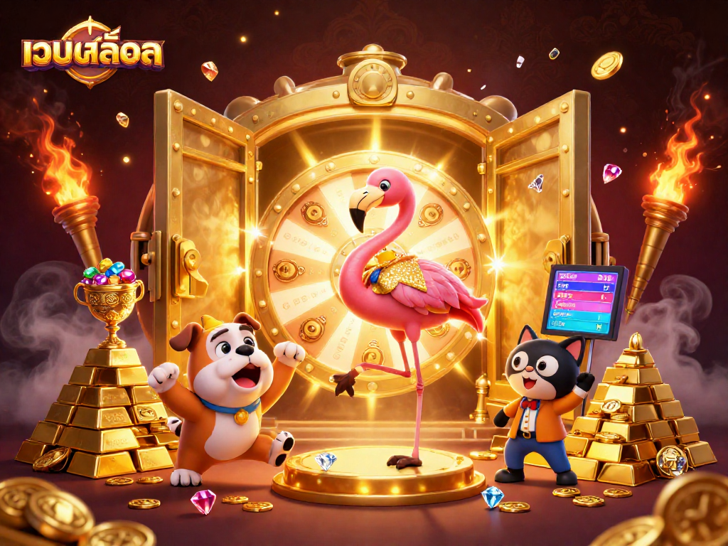 Join the excitement at เว็บสล็อต with vibrant scenes of a game show host, contestant, and golden treasures.