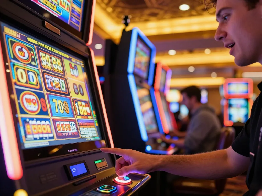 Player spinning slot machine reels in a vibrant casino, showcasing excitement and action.