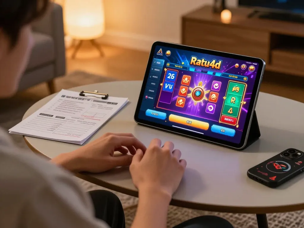 Engaging online gaming session featuring Ratu4d game interface, strategic player notes, and warm ambiance