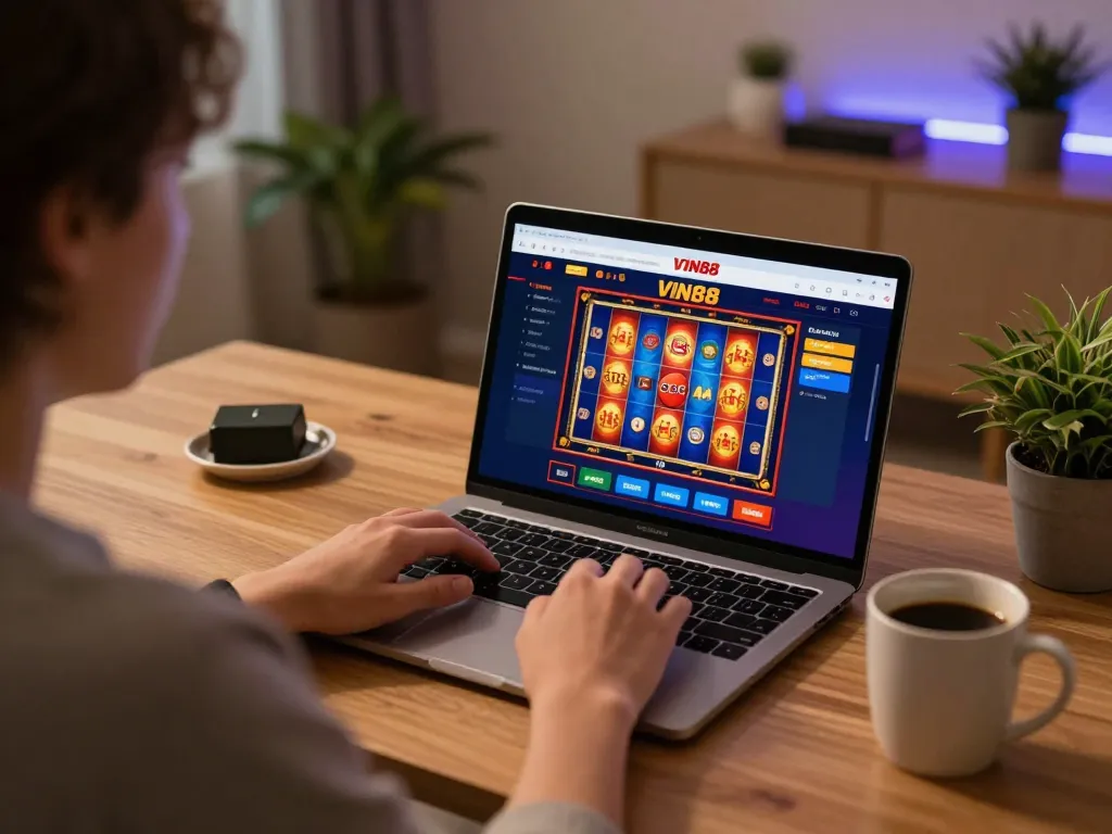Engaging online gaming experience at VIN88 with vibrant slot games and cozy home setup.