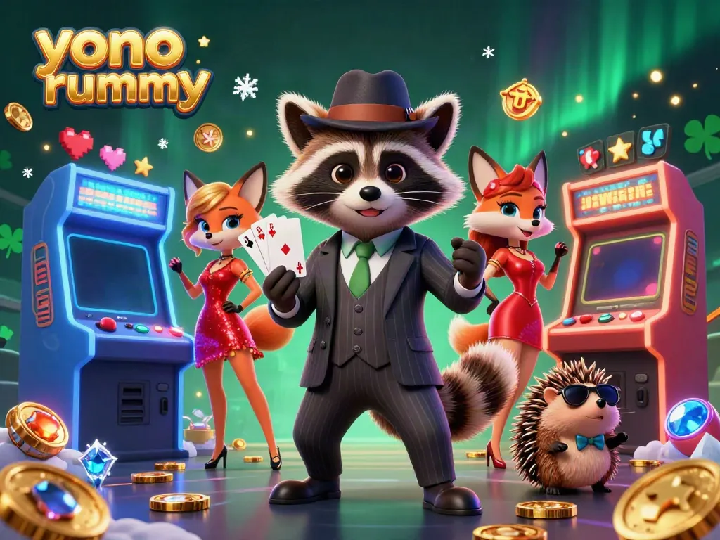 Visualisasi karakter Yono Rummy yang menarik dengan rakun dan rusa dalam permainan kartu