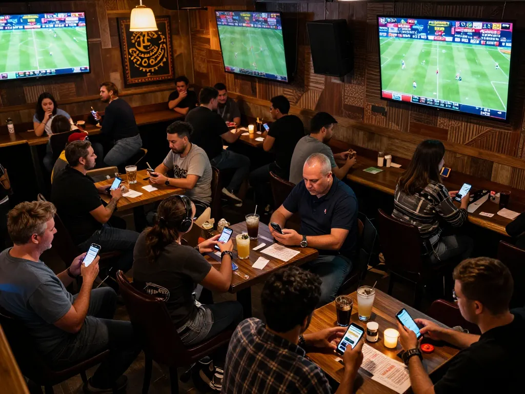 Engaged patrons placing bets on the QE8 platform at a lively sports bar, showcasing excitement and social interaction.