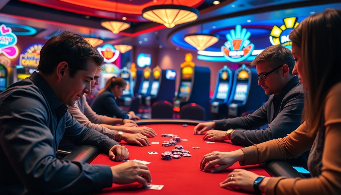 Permainan poker di toko56 kasino yang menarik, menampilkan pemain yang terlibat dan suasana ceria.