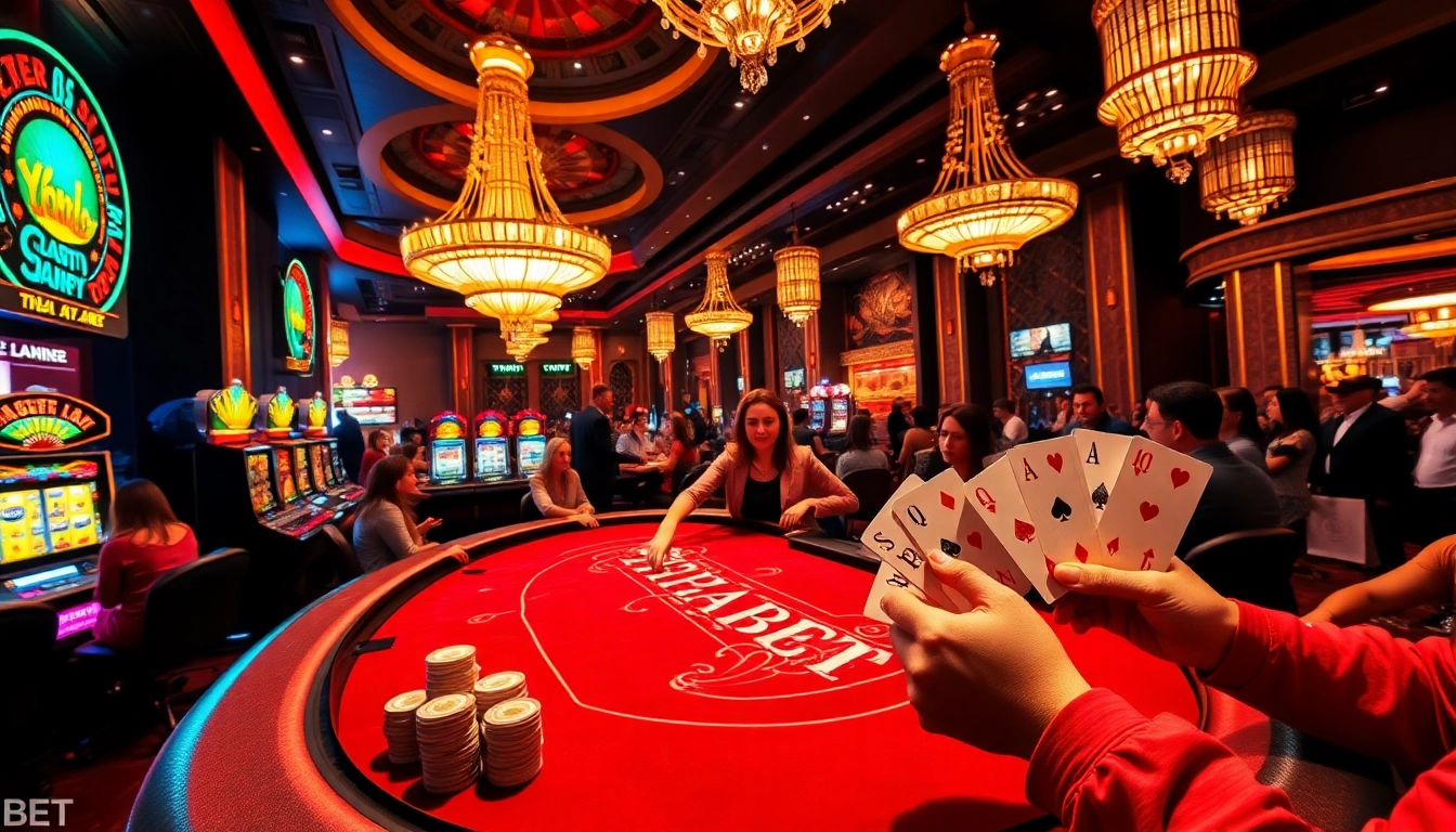 Experience high-stakes poker excitement at THABET casino with vibrant card tables and flashing slot machines.