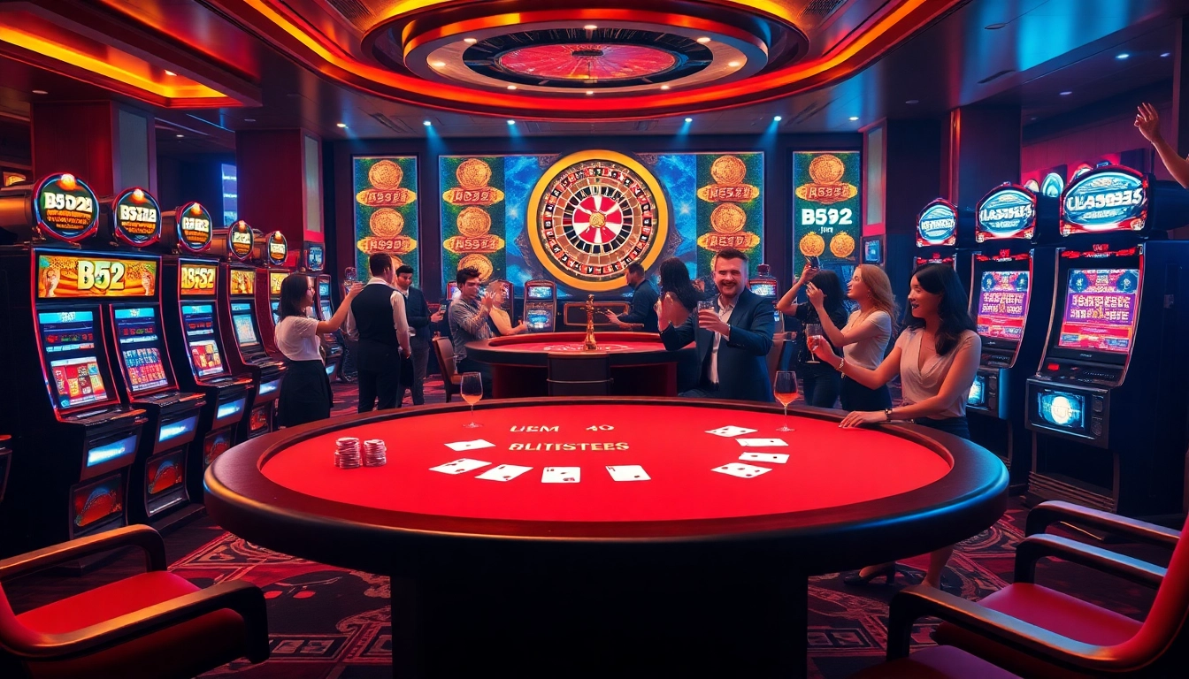 B52-themed gambling scene featuring luxurious poker tables and vibrant slot machines.