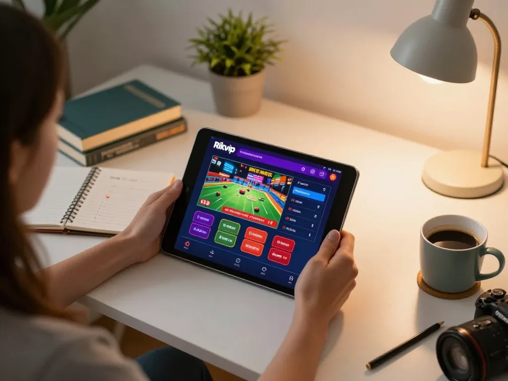 Player enjoying the Rikvip casino app on a tablet while strategizing in a cozy home setting.