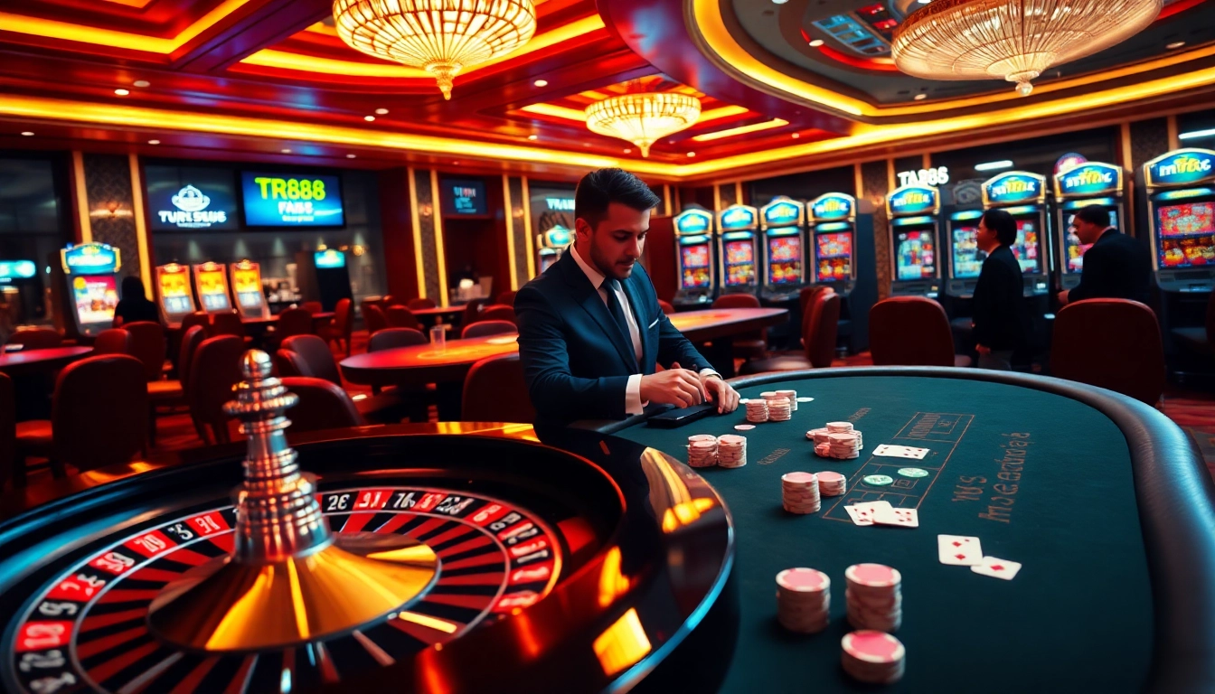 TR88 casino experience with vibrant roulette and poker, showcasing luxury gaming.