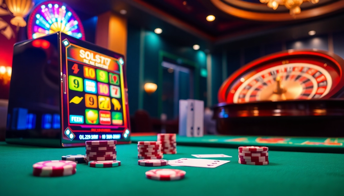 Experience the excitement of slots777 with immersive casino visuals featuring slot machines and chips.