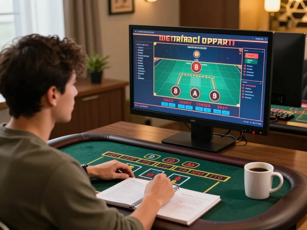Player enjoying a thrilling GO8 online casino experience with strategic notes in cozy setup