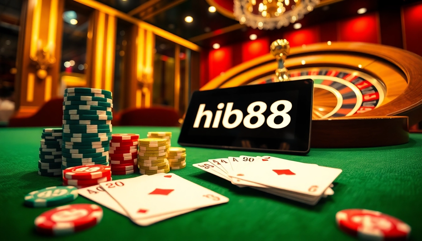 Engage in high-stakes action with a luxurious hi88 soccer-themed casino scene showcasing poker chips and cards.