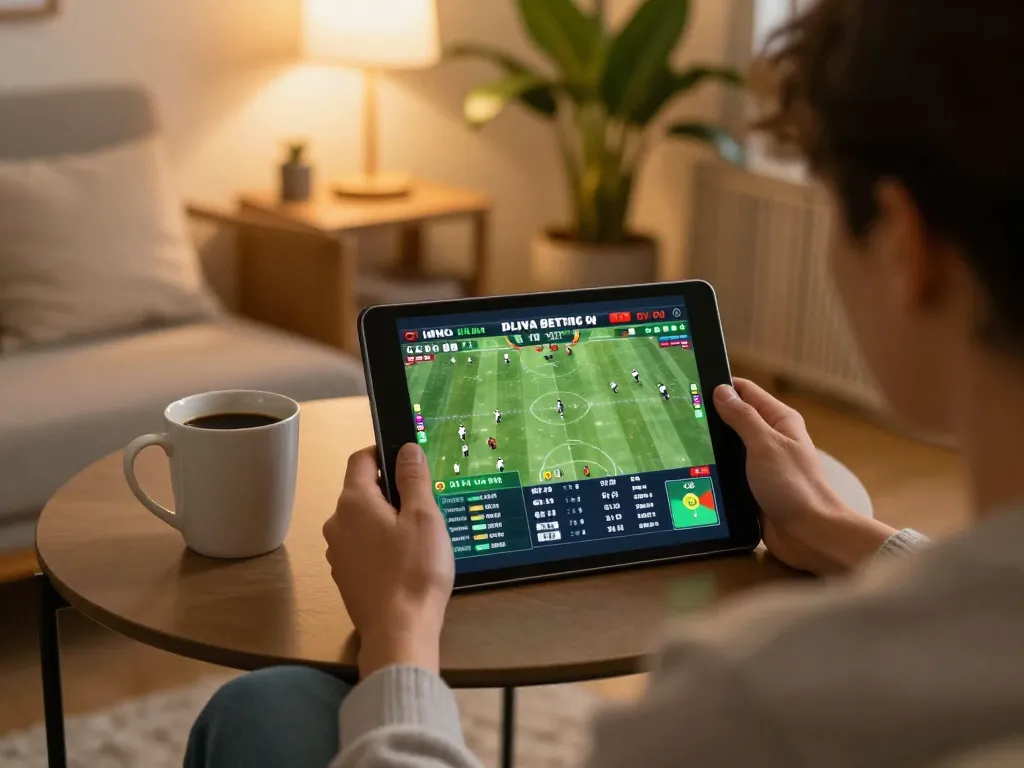 Berinteraksi dengan pembaruan Skor Langsung sambil memasang taruhan olahraga di tablet dalam suasana rumah yang nyaman.