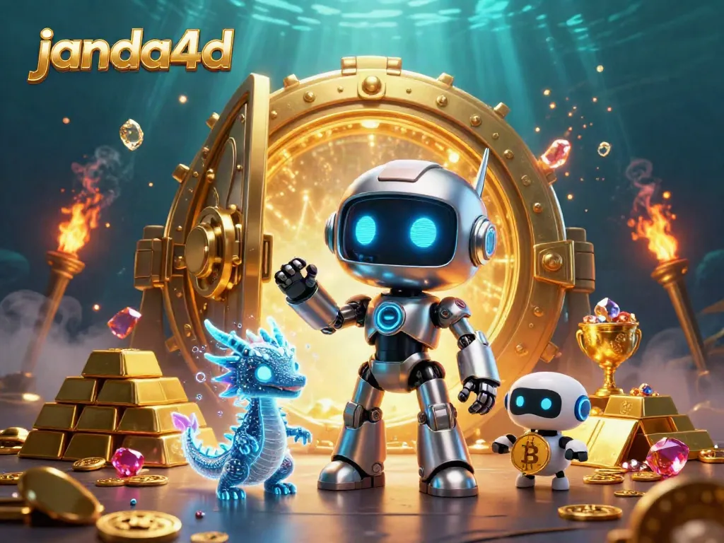 JANDA4D menampilkan keajaiban permainan online dengan robot cyberpunk dan harta karun yang berkilau.