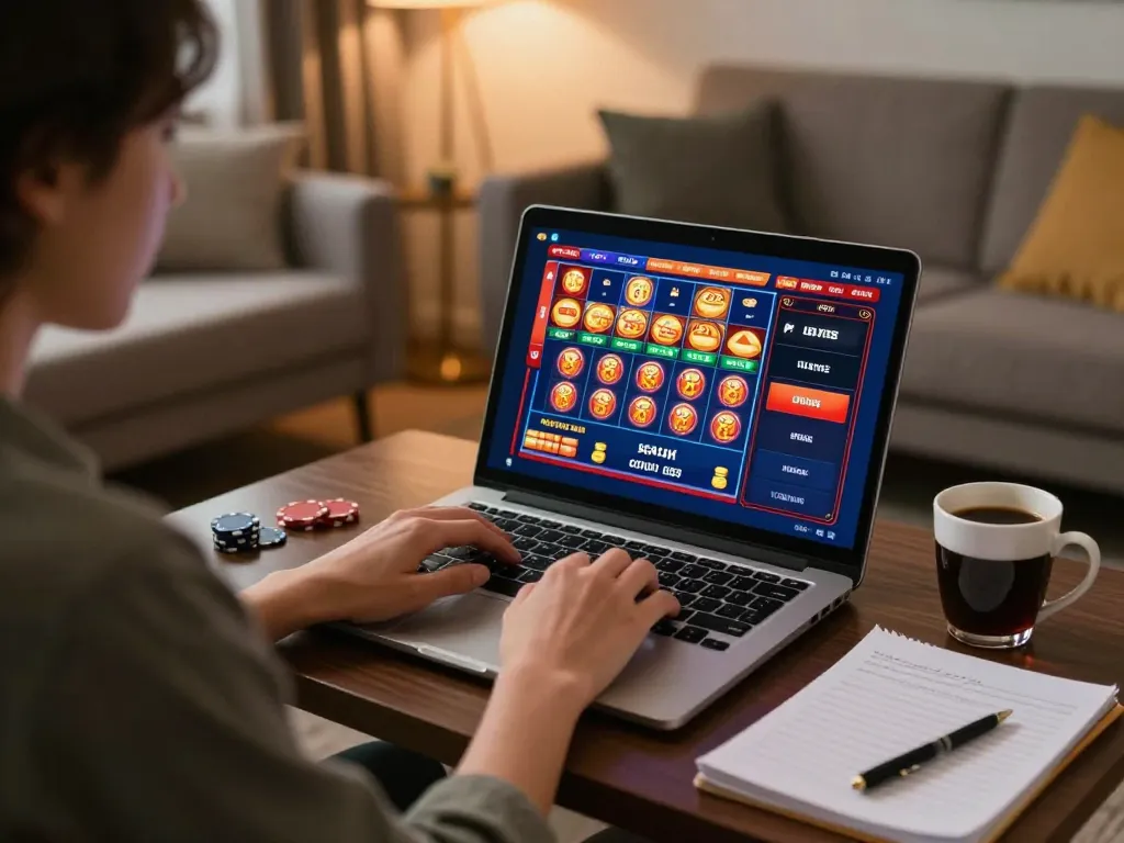 Engaging online gaming session at Nhà cái ok88386 with dynamic laptop display in cozy living room.
