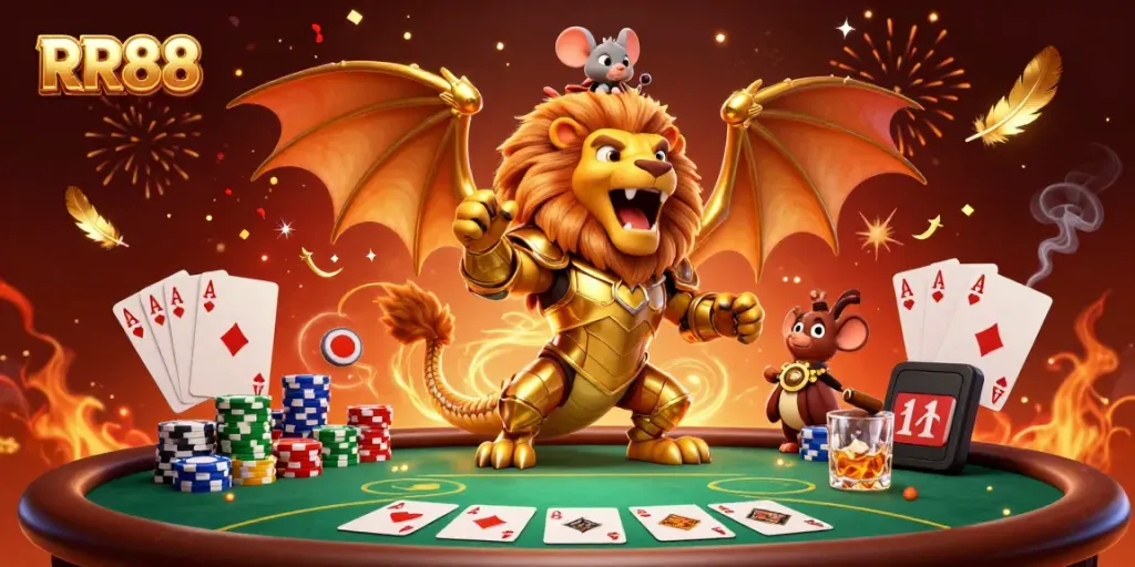Experience the thrill of RR88 in a vibrant casino scene with golden chimera and poker elements.