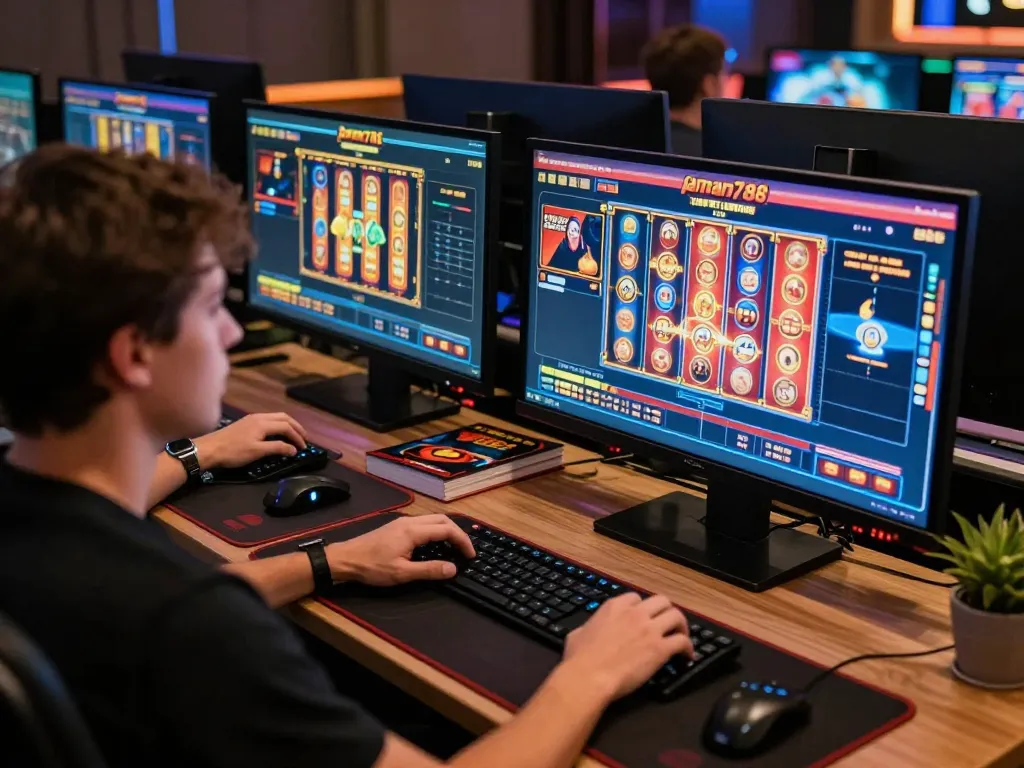 A thrilling moment in aman788 slot online, featuring a dedicated player engaging in exciting gameplay with glowing game displays