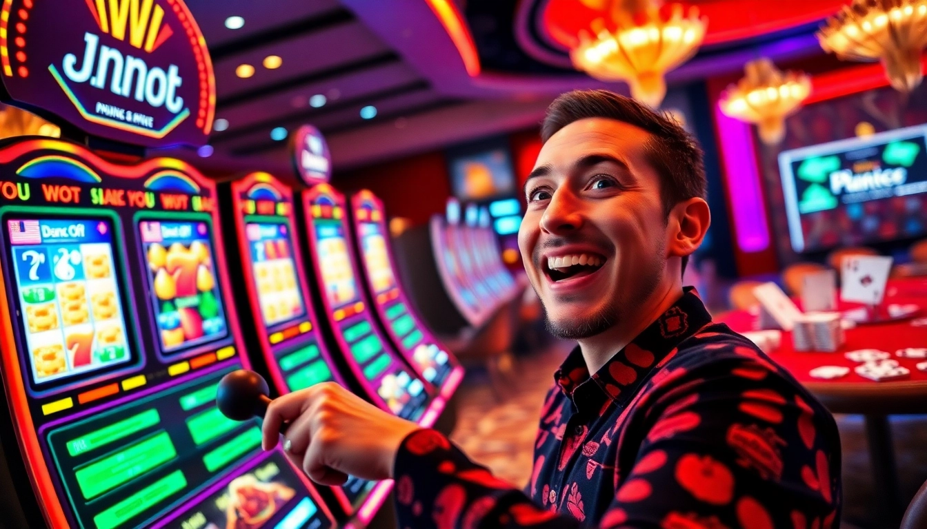 Excited player engaging with IDNSLOT online gambling interface, surrounded by vibrant slot machines.