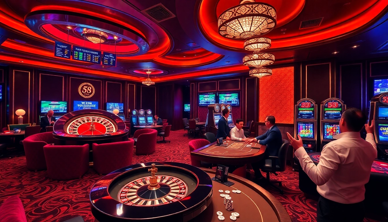 Experience thrilling gameplay at 58WIN's elegant casino with vibrant gaming tables and roulette.