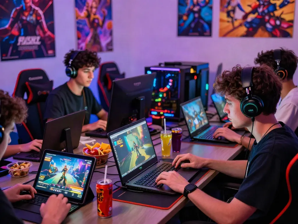 A80 gaming night scene with players enjoying their devices in a vibrant environment.
