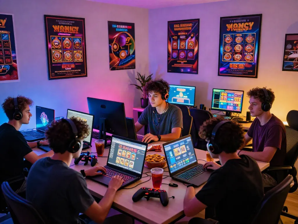 A diverse group enjoying akunjp online gaming in an energized environment with LED lighting.