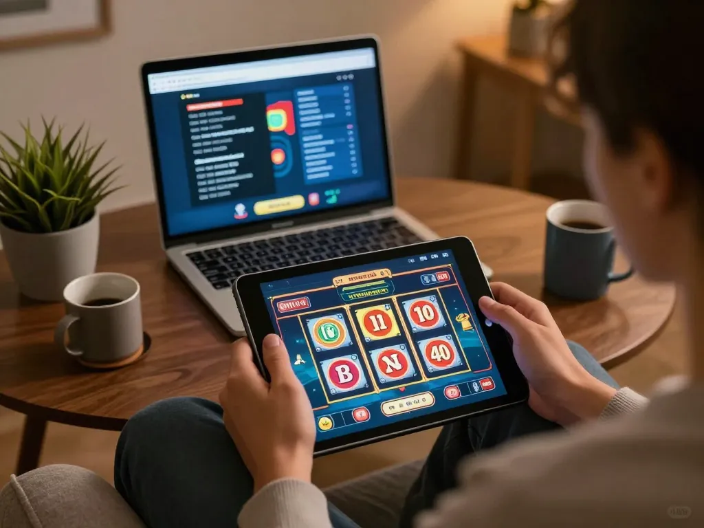 Engaging online gaming with NK 88 slot machine on tablet, showcasing immersive experience at home.