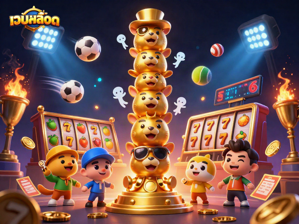 Engage with เว็บสล็อต symbols and dynamic sports elements in a vibrant 3D casino illustration