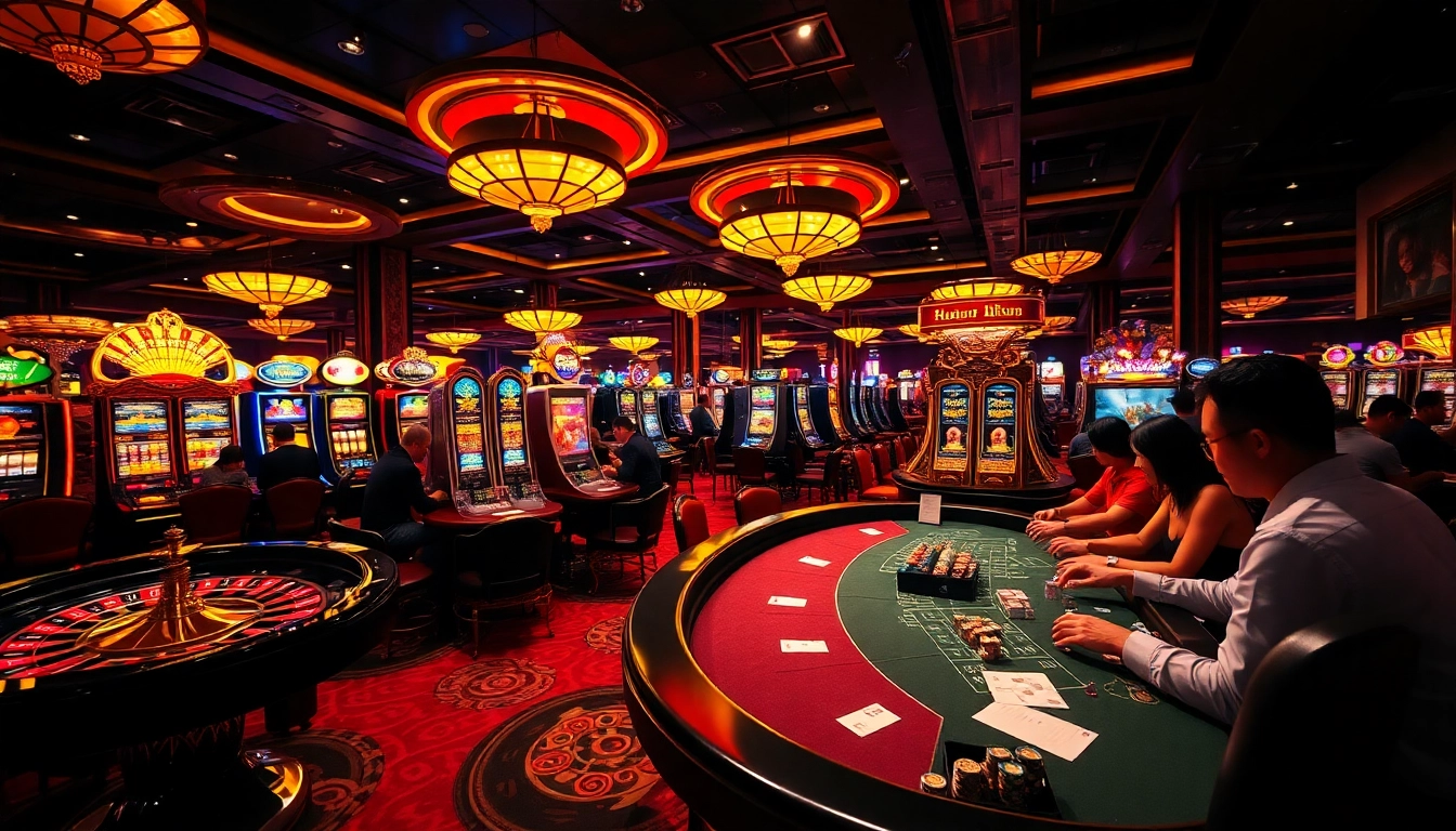 Players enjoy a thrilling game experience at Jun88 casino with tables and vibrant slot machines.